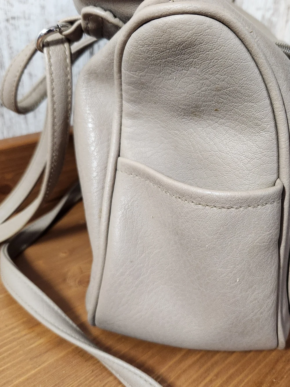 Neutral Beige Stone Crossbody Bag Silver Hardware Converts To Backpack Pockets